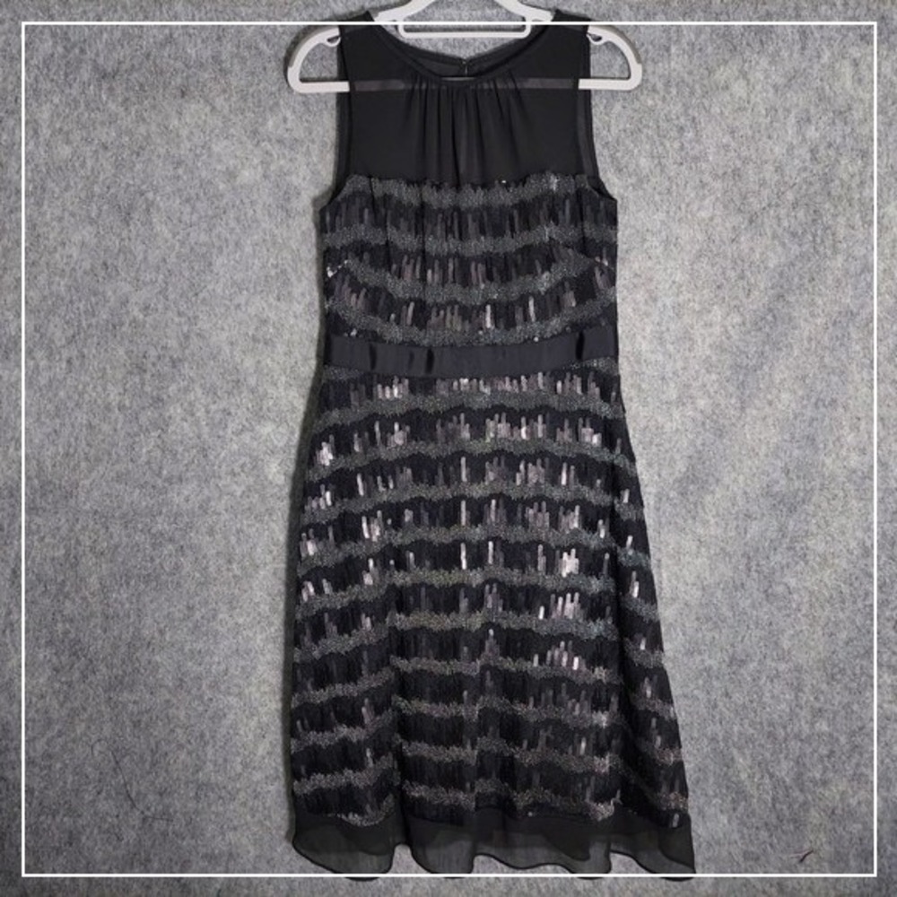 Ann Taylor Dress 6 Black Sequin Metallic Silver Shiny Shimmery CrepeGlam Edgy